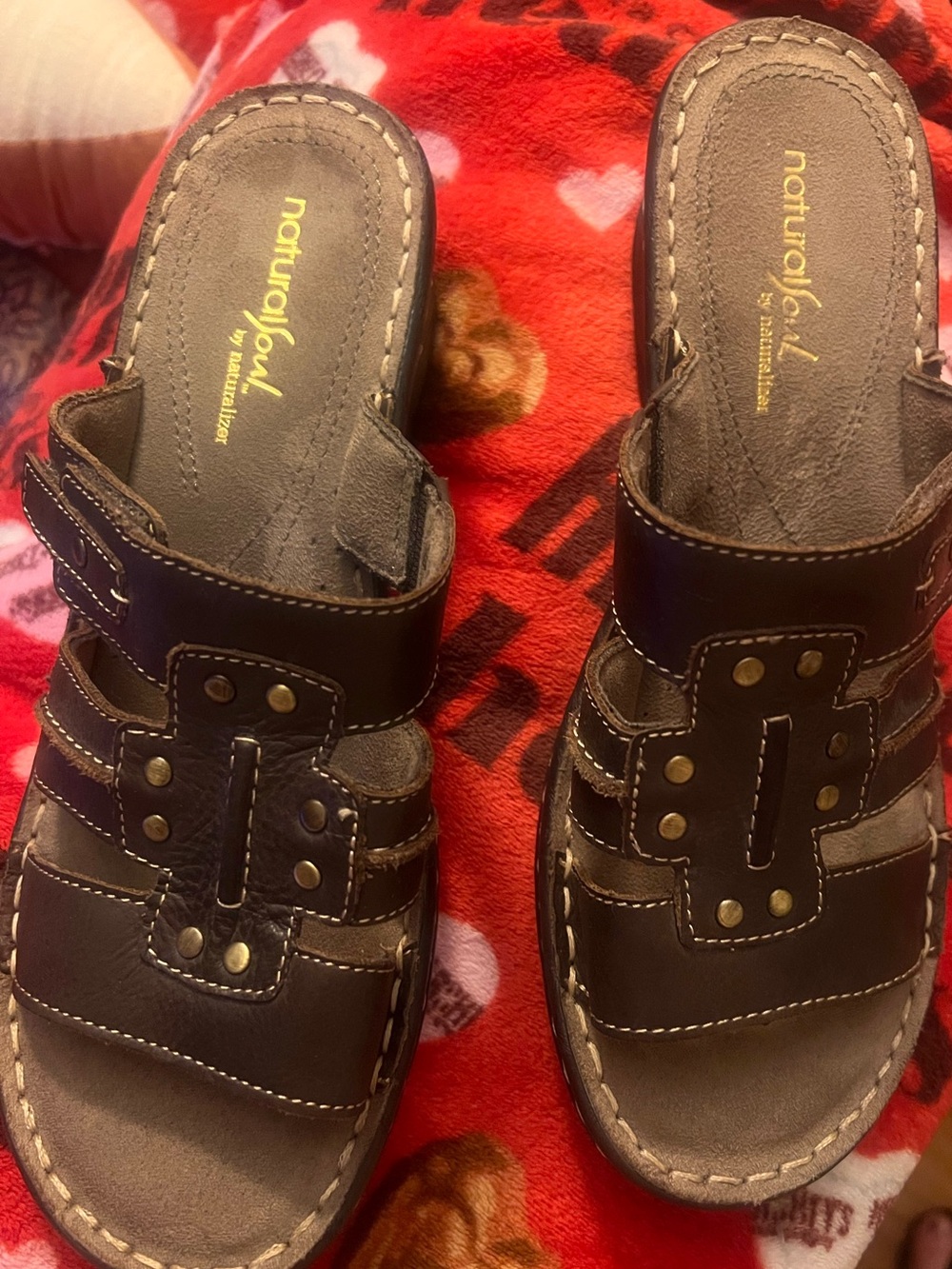 Naturalizer Brown Leather Slide Sandals with Stud Accents